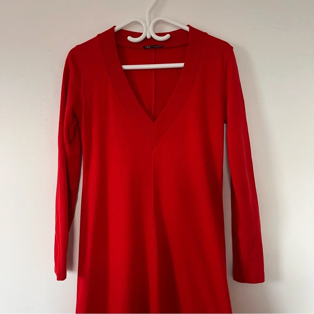 Zara Red Ribbed Knit Midi Dress Small Long Sleeve V-Neck Bodycon Minimalist - Picture 7 of 10